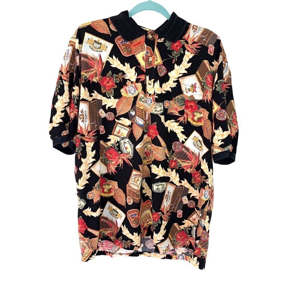 Kalaheo Hawaiian Shirt Mens Size XL Vintage Cigar Pattern Pullover Cotton Rayon
